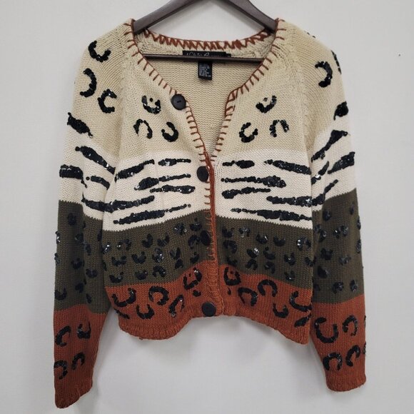 Vintage Work In Progress Womens Chunky Knit Cardigan Size XL Beige Sequin Artsy - Picture 1 of 12